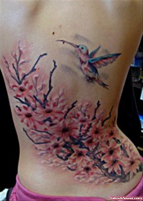Hummingbird and Flowers Tattoos On Back