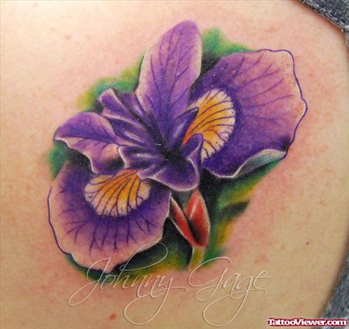 Purple Flower Tattoo On Right Back Shoulder