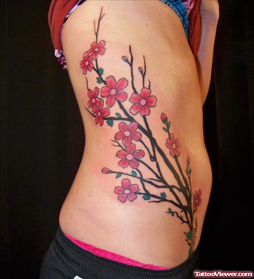 Cherry Blosoom Flower Tattoo On Side Rib
