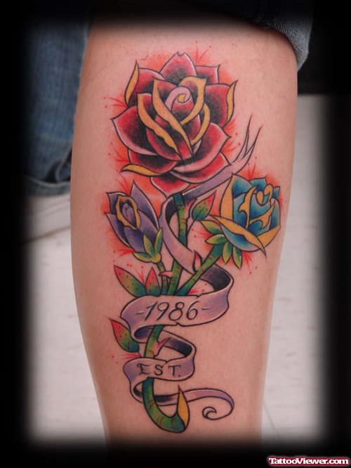 Color Rose Dlowers Tattoos On Leg