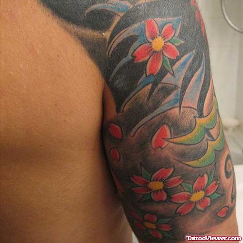 Red Cherry Blossom Flowers Tattoos On Half Sleeve
