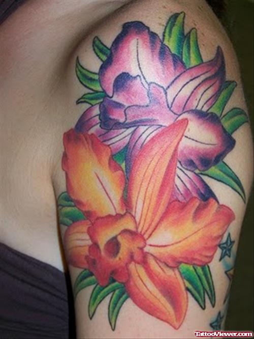 Purple and Orange Hibiscus Flower Tattoos On Half Sleeve