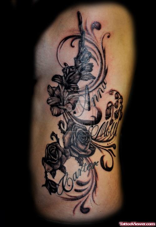 Grey Ink Flowers Tattoos On Rib