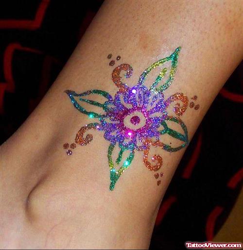 Glitter Flower Tattoo On Ankle