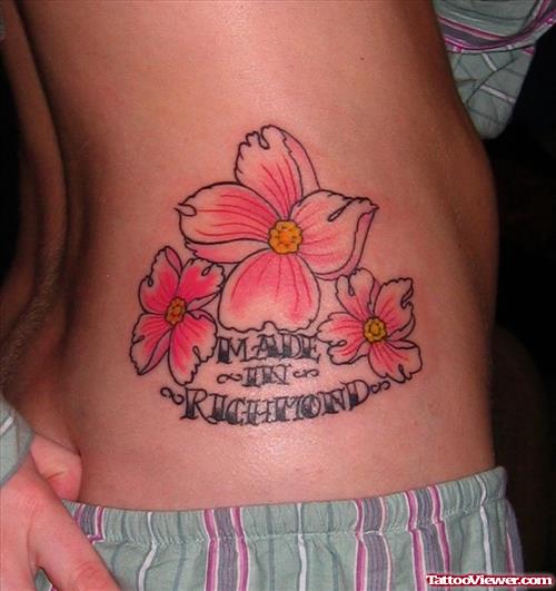 Pink Flower Tattoos On Rib Side