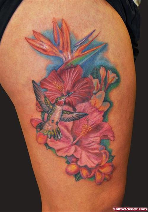 Flying Hummingbird and Flowers Tattoos On Half Sleeve