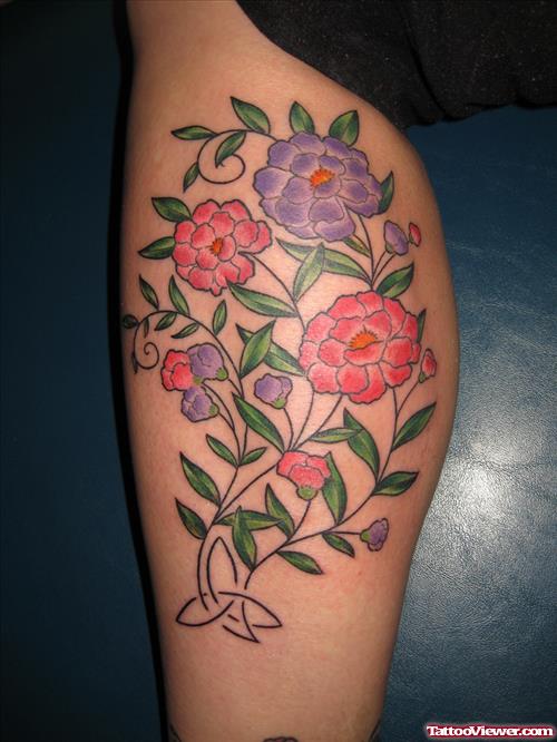 Color Flowers Tattoos On Leg