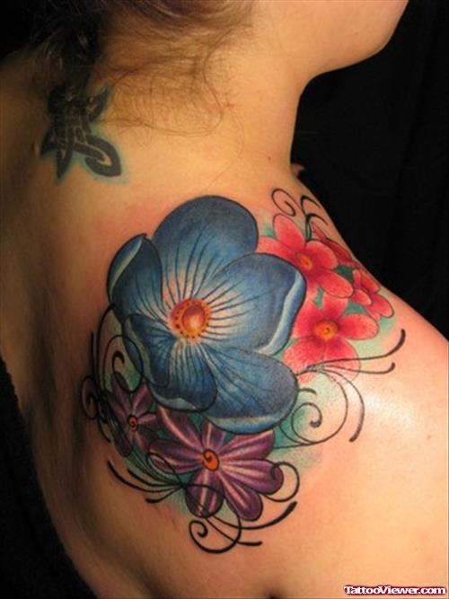 Colored Flower Tattoos On Right Upper Shoulder