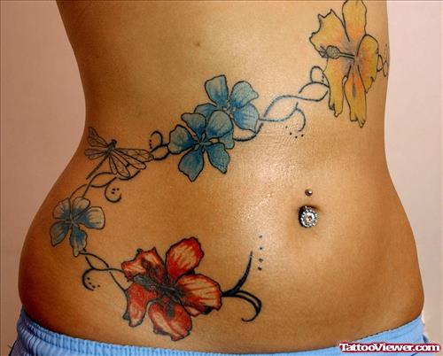 Beautiful Colored Flowers Tattoos On Hip