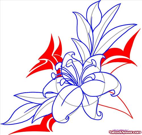 Tribal And Outline Flower Tattoo Design