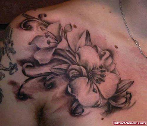 Grey Flower Tattoo On Right Shoulder