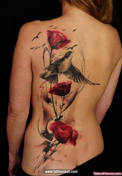 Flying Bird and Red Flower Tattoos On Back