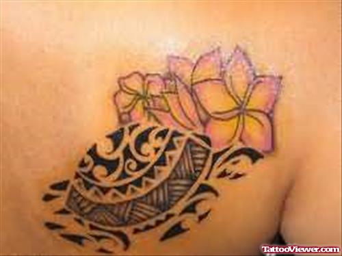 Turtle And Flower Tattoo On BAck