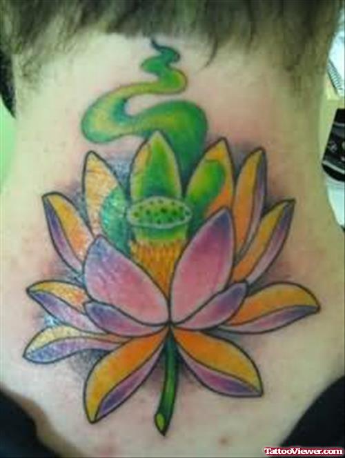 Lotus Coloured Tattoo On Neck
