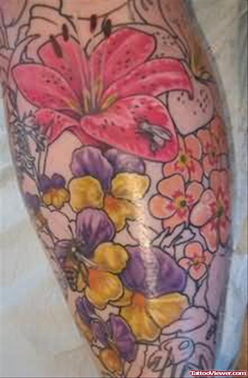 Lily Flowers Tattoos On Leg