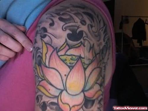 Lotus Pink Tattoo On Shoulder