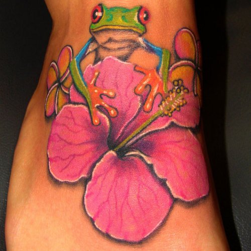 Frog And Lily Flower Tattoo On Foot