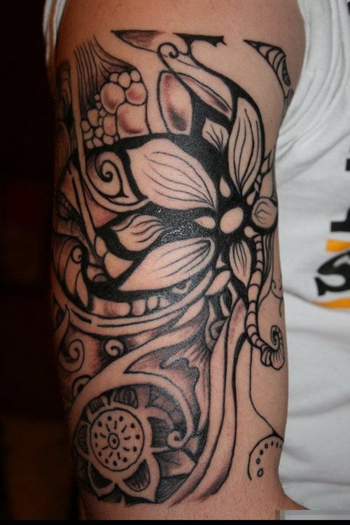 Black Ink Flower Tattoo On Half Sleeve