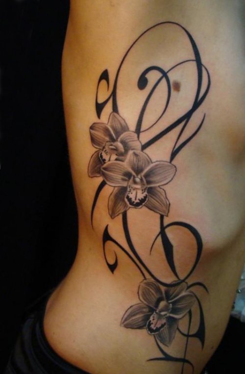Grey Ink Orchid Flower Tattoos On Side