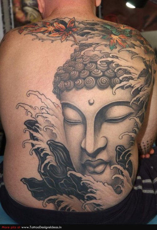 Grey Ink Buddha And Flowers Tattoos On Back