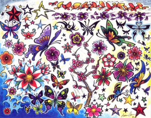 Colored Butterflies And Flowers Tattoos Design