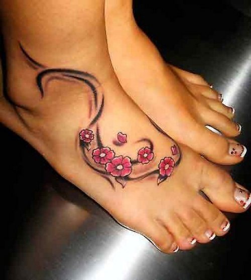 Black Tribal And Chery Blossom Flower Tattoos