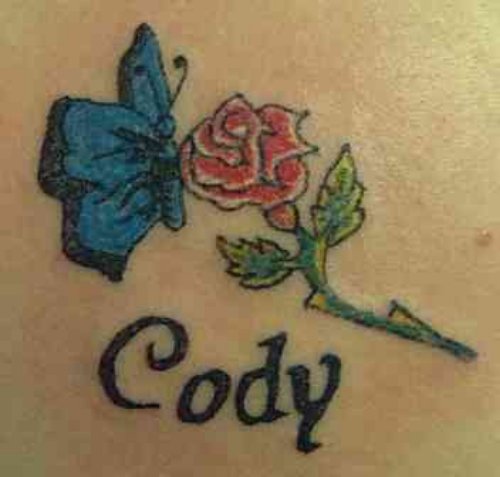 Blue Butterly On Red Flower Tattoo