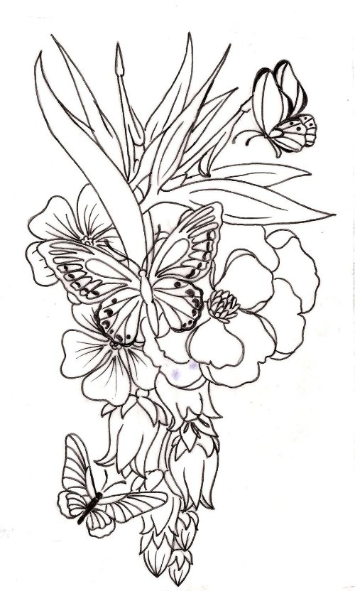 Grey Butterflies And Flower Tattoo Design