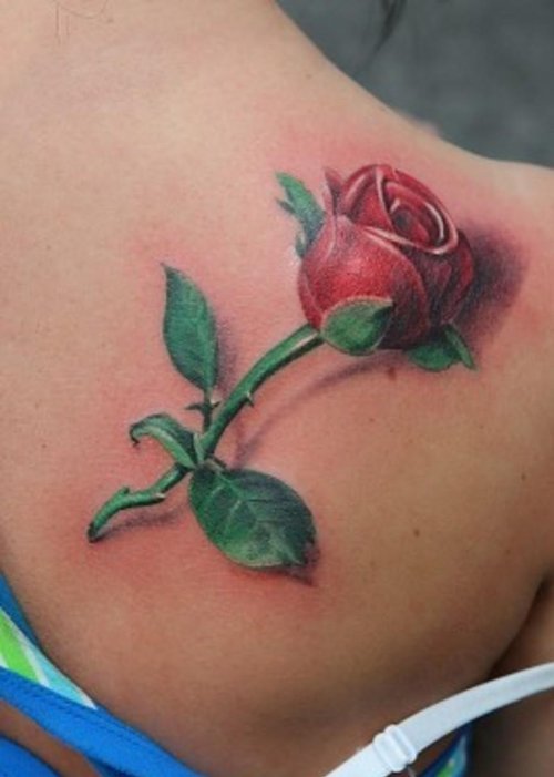 3D Rose Flower Tattoo On Back Shoulder
