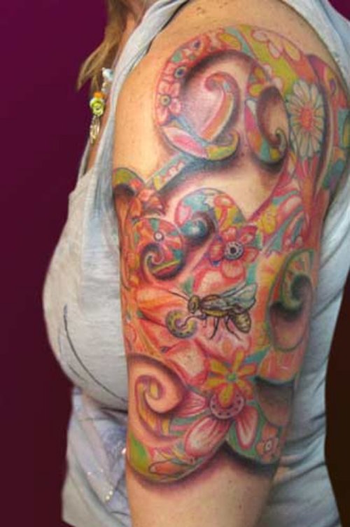 Colored Left Half Sleeve Flower Tattoo For Girls