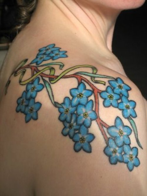 Blue Flower Tattoos On Right Shoulder