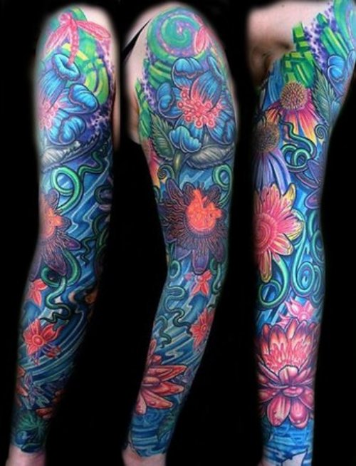 Awesome Colored Flowers Tattoos On Sleeve