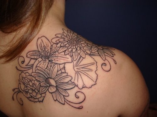 Grey Flowers Tattoos On Upperback