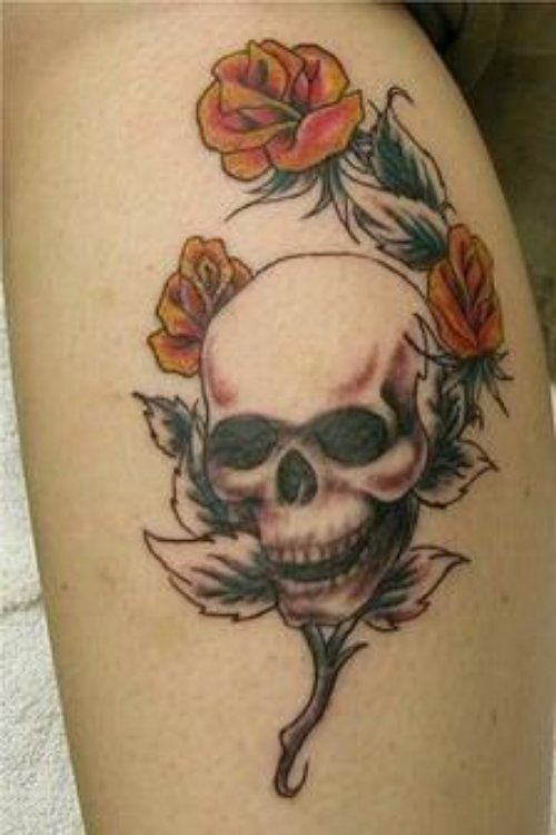 Grey Ink Skull and Red Flowers Tattoos