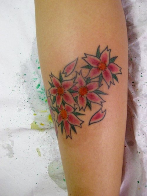 Red Flowers Tattoos On Arm