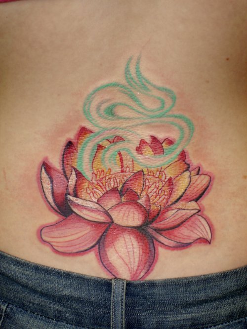 Flaming Lotus Flower Tattoo On Lowerback
