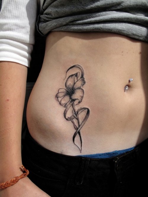 Beautiful Grey Flower Tattoo On Hip
