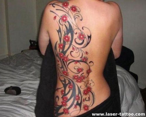 Tribal And Flower Tattoos On Back