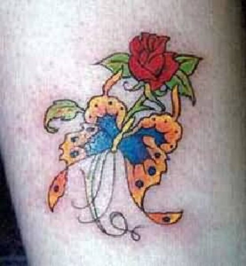 Red Flower Tattoo With Butterfly