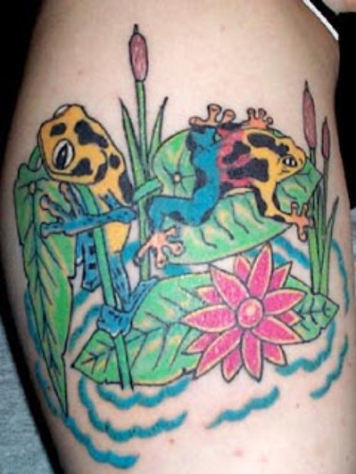 Colored Frogs And Flower Tattoos