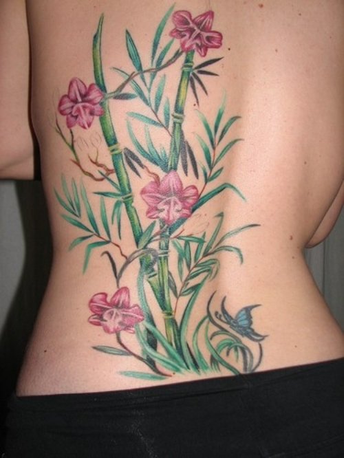 Bamboo Tree and Flower Tattoos on Back