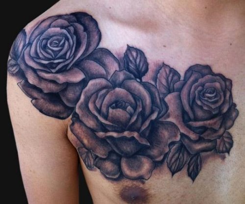 Grey Ink Rose Flowers Tattoo On Man Chest