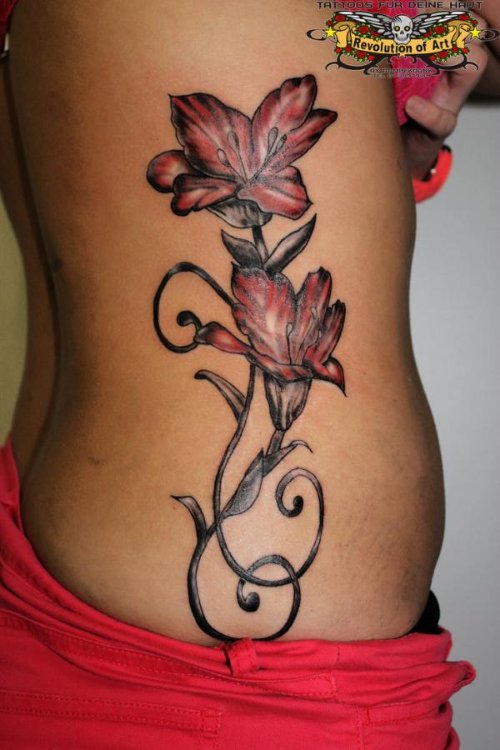 Color Flowers Tattoo On Side Rib