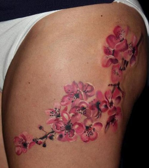 Left Thigh Flower Tattoos