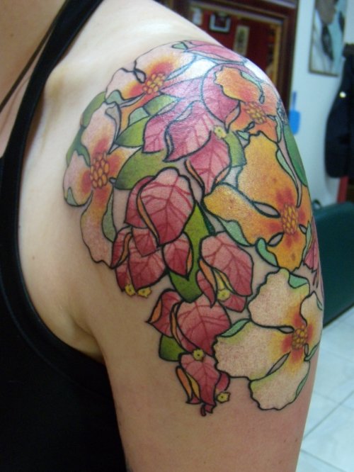 Colored Flower Tattoos On Left Shoulder