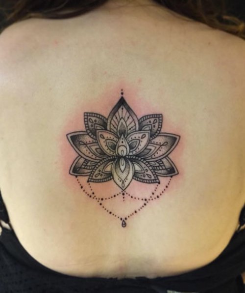 Lotus Flower Tattoo On Girl Upper Back