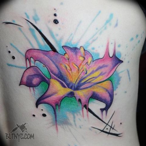 Watercolor Lily Flower Tattoo On Rib Side