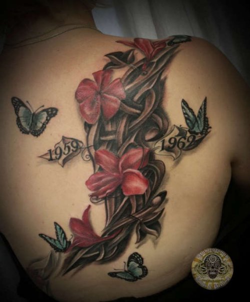 Red Flowers And Butterflies Tattoo On Right Back Shoulder