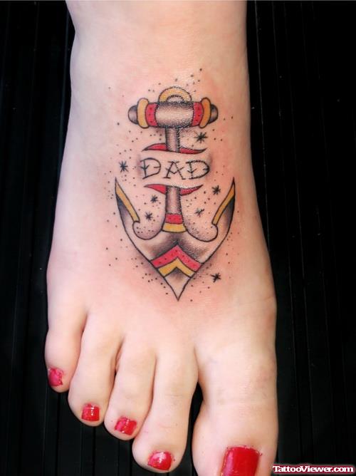 Grey Ink Anchor And Dad Banner Foot Tattoo