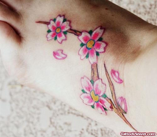 Colored Cherry Blossom Foot Tattoo
